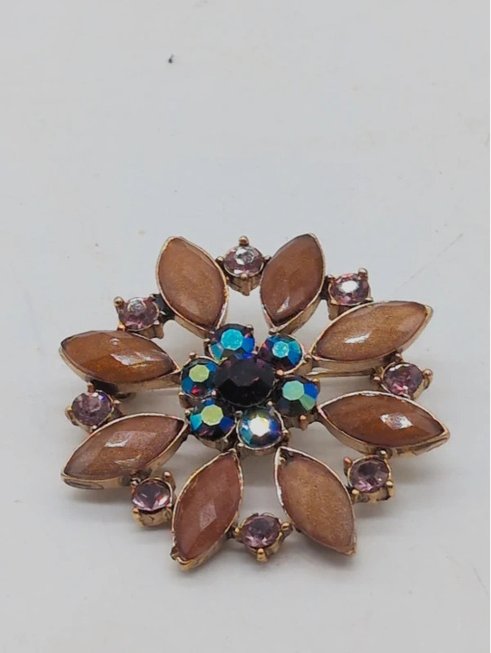 Vintage Rhinestone Flower Brooch Brown Marquise Aurora Borealis Starburst Pin